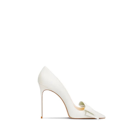 Eleganti scarpe con tacco a spillo a punta con fiocco beige da donna in vera pelle 2025 autunno
