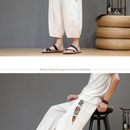 Pantaloncini estivi da uomo Pantaloni casual traspiranti in cotone Pantaloni larghi tradizionali retrò streetwear al polpaccio Pantaloncini comodi da uomo