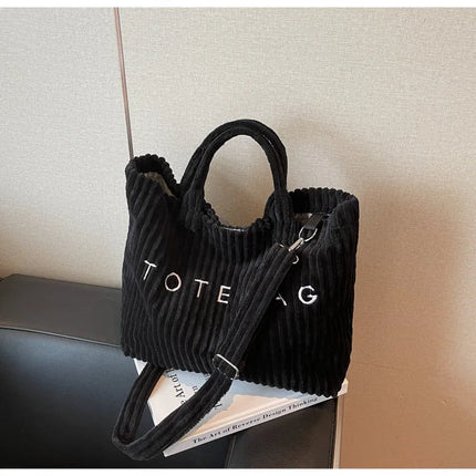 Large Capacity Striped Velvet Handbag Shoulder Bag for Woman Handbags Crossbody Bags, Versatile Letter Corduroy Women's Tote Bag PlatiNum