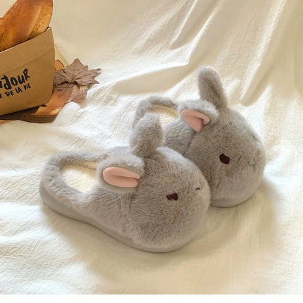 New Cute 3D Rabbit Furry Slippers Women Winter Warm Plush Closed Back House Shoes Non Slip Bunny Indoor Flip Flops Home Slipper