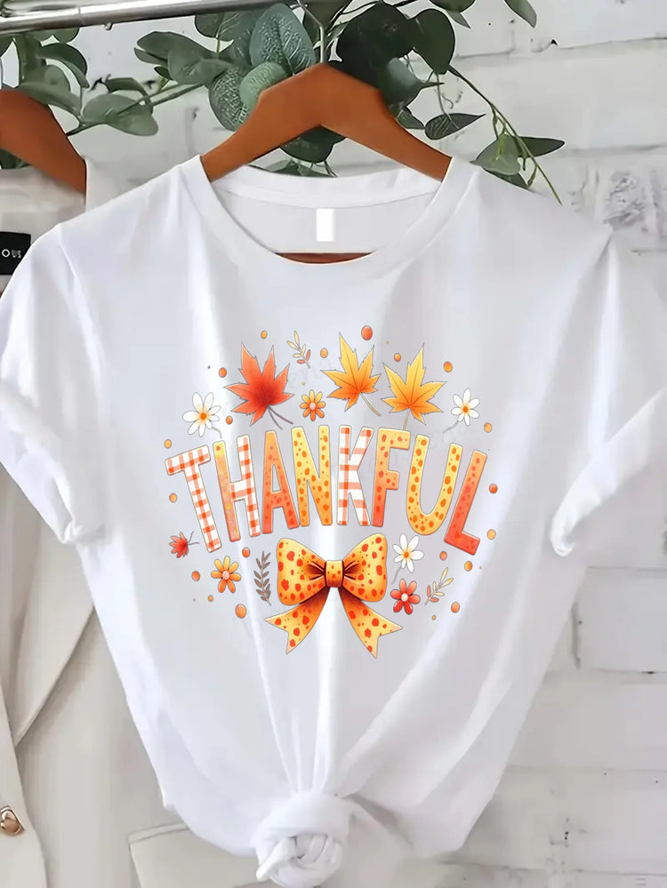 Comoda maglietta con stampa da donna T-shirt con foglie autunnali di ringraziamento T-shirt grafica stagionale autunnale da donna