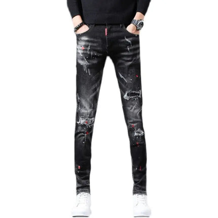 New Arrival Spring Autumn Denim Jeans for Men Slim Distressed Ripped Pants Paint Splatter Design Streetwear Luxury Slim Jeans PlatiNum