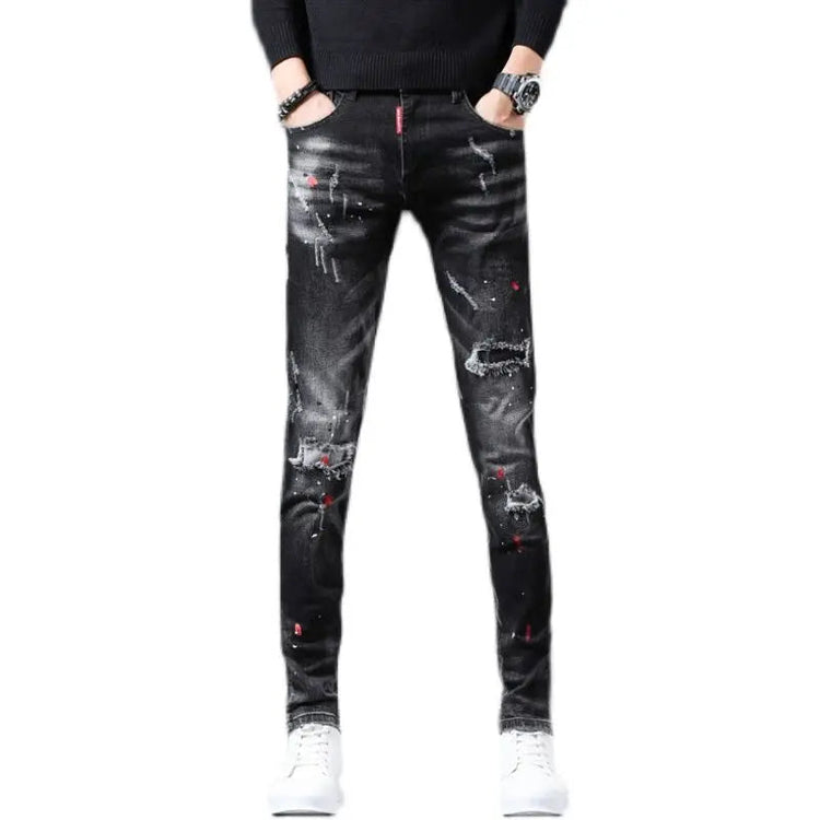 New Arrival Spring Autumn Denim Jeans for Men Slim Distressed Ripped Pants Paint Splatter Design Streetwear Luxury Slim Jeans PlatiNum