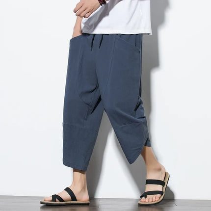 Pantaloni Estivi da Uomo 2026 Stile Cinese in Cotone e Lino, Pantaloni Harem Traspiranti da Spiaggia, Pantaloni Casual a Tre Quarti, Streetwear