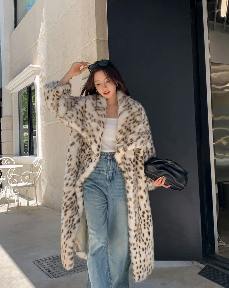ZADORIN High Quality Elegant Loose Long Faux Fur Coat Winter Women Leopard Print Lapel Faux Mink Fur Jacket Thick Warm Fur Coats