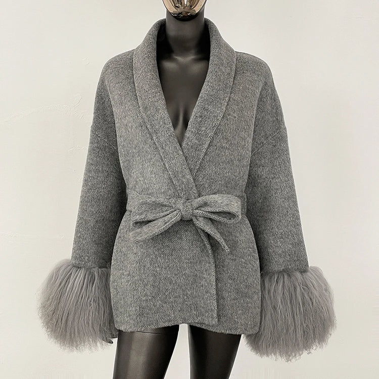 High End Double-sided Wool Strapping Real Wool Fur Coat Women's Removable Cuffs Fox Fur Temperament Cashmere Short Jacket