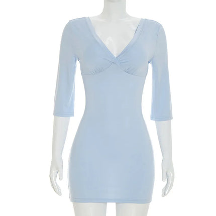 Women's Tsiisd Blue Mini Dress with Deep V-Neck, Elegant Bodycon Dress for Office, Summer, Daily, Streetwear, Fashion, Party