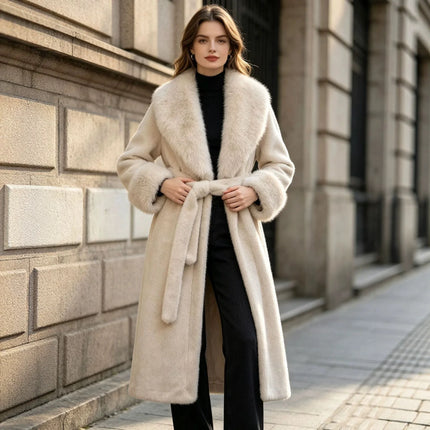 Women's Winter Trench Coat with Large Lapels, Faux Fox Fur Long Coat, Over-the-Knee Jacket