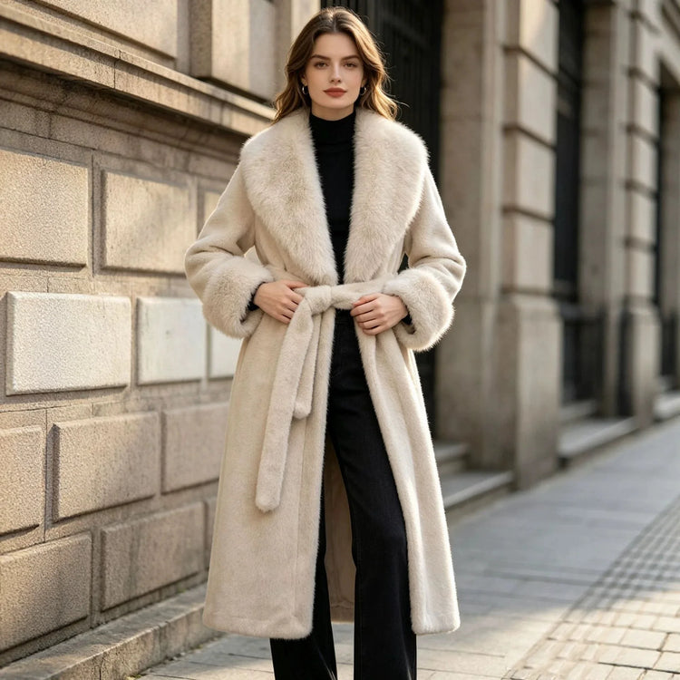 Women's Winter Trench Coat with Large Lapels, Faux Fox Fur Long Coat, Over-the-Knee Jacket