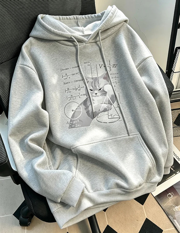 Women's casual hooded long-sleeved pullover with "Cat and Mathematical Formula" print. Loose fit sweatshirt hoodie hoodies