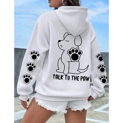 Talk To The Paw Funny Dog Cartoon Print Hoodie Women Warm Fleece Hoody Fashion Casual Hooded Autumn Loose Round Neck Woman Tops