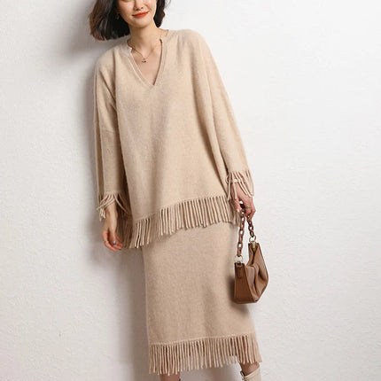 Women's Tassels Long Skirts Autumn Winter 100% Cashmere Knitwear Soft Warm Retro Casual Clothing Versatile Hide Fat Make Slim PlatiNum