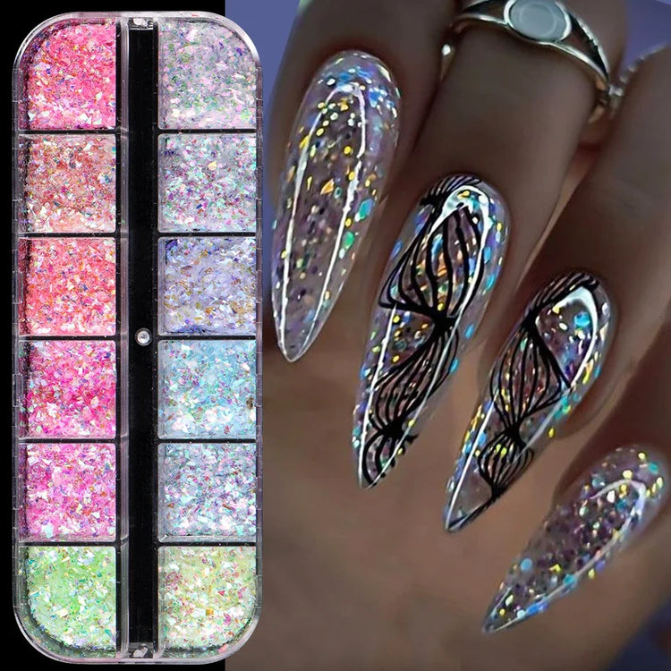 12 Grids Aurora Chameleon Nail Glitter Flakes Irregular Crystal Glass Sequins Powder Shiny Mermaid Paillette Nail Art Decoration 2026