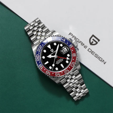 PAGANI DESIGN Pepsi GMT Orologio automatico da uomo 100M impermeabile quadrante nero luminoso cinturino Jubilee in acciaio inossidabile orologi da polso meccanici sportivi di lusso per uomo PD-1662 Relojes Hombres+Confezione