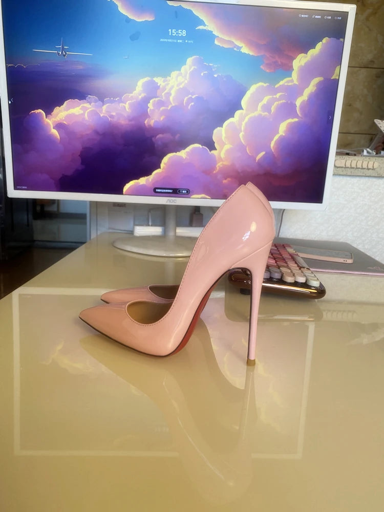 Tacchi altissimi personalizzati multicolori da 12 cm, pelle verniciata bianca nuda, suola rossa sexy, scarpe sottili a punta per ordine singolo platinumshop