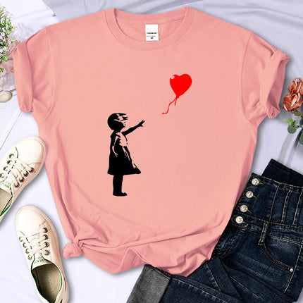 Fly Amore Ballons Imprimés T-shirt Femme Doux et Respirant Manches Courtes Street Hip Hop Tendance Tops Décontractés T-shirt Féminin Vêtements