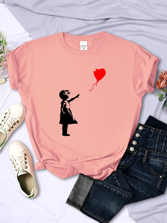 Fly Love Balloons Prints Women's T-Shirt Soft and Breathable Short Sleeve Street Hip Hop Trend Top Casual Female T-shirt Clothing