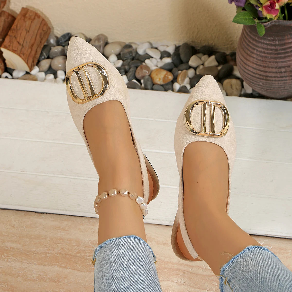 French Pointed-toe Metal Flat Shoes Baotou Sandals Shallow-mouth Single Shoes Foreign-style Explosive Internet Celebrity