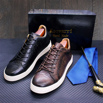 Men's Leather Shoes Casual Comfort Flat Shoes Lace Up Fish Pattern Handmade Shoes Dating Office Fashion Banquet Men's Shoes