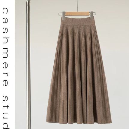 Chic Women's Cashmere Pleated A-line Skirt Autumn Winter 100% Cashmere Knitted Colorful Dots Decoration Elastic Waist Soft Dress PlatiNum