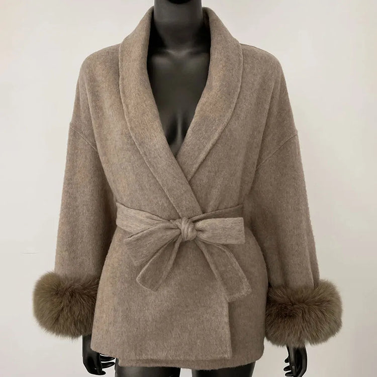 Elegant OL Office Lady Overcoats Fur Patchwork Long Sleeve Woolen Coat Beautiful Women's Clothing Jacket Autumn 2025 Spring