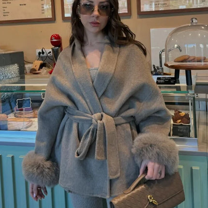 Solid Lace Up Faux Fur Sleeve Jacket Woman Elegant Mid-length V-neck Woolen Blend Coat Autumn Casual Fashion Scarf Outwear 2025