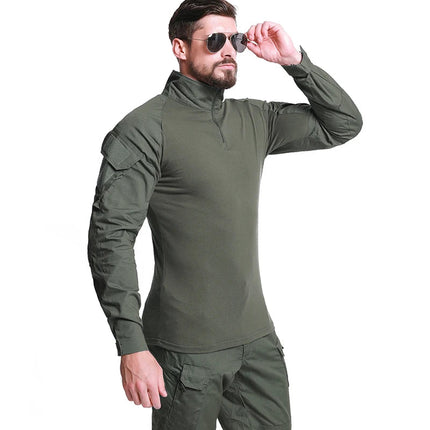 Men's Long Sleeve Combat Shirt 1/4 Zipper Ripstop Cotton Tactical Shirts Navy Blue Camoufalge Airsoft T Shirts PlatiNum