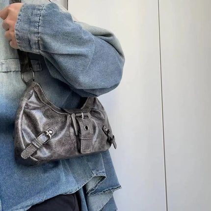Y2K Vintage Distressed Leather Women Bag Shoulder Bag Maillard Style Underarm Purse Two Tone Crossbody Bag for Women PlatiNum