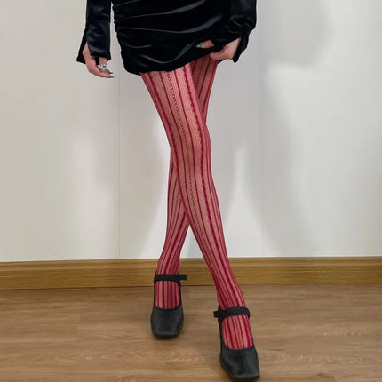 Women's Sexy Lace Fishnet Stockings Lolita Style Hollow Out Design Red Silk Socks JK High Waist Striped Tights Christmas Gifts