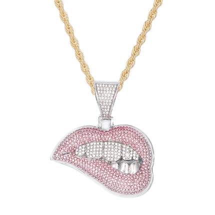 Collana con ciondolo a forma di labbro per morso hip-hop da donna per uomo con catena cubana in cristallo da 13 mm Collane hip-hop ghiacciate Bling Gioielli di moda PlatiNum