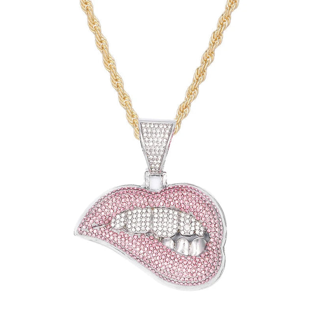 Collana con ciondolo a forma di labbro per morso hip-hop da donna per uomo con catena cubana in cristallo da 13 mm Collane hip-hop ghiacciate Bling Gioielli di moda PlatiNum