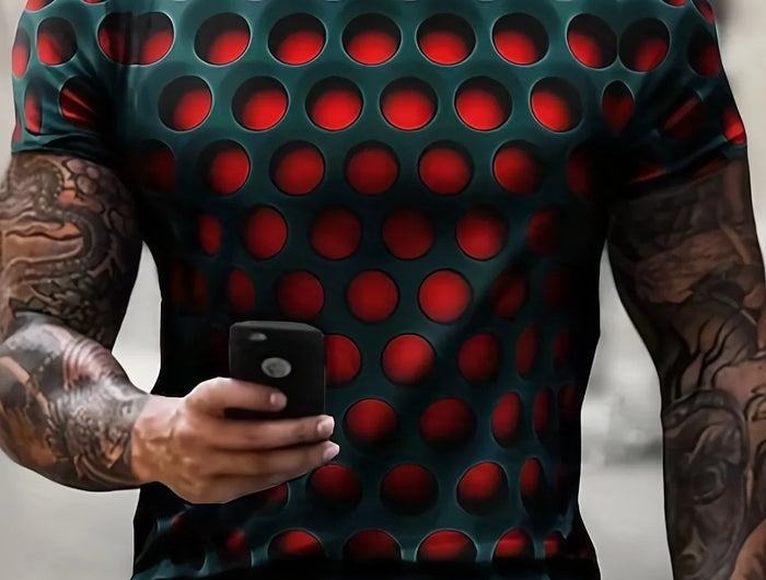 Men's Summer 3D Optical Illusion Print T-Shirt, Round Neck, Casual Short Sleeve, Fashion Streetwear.