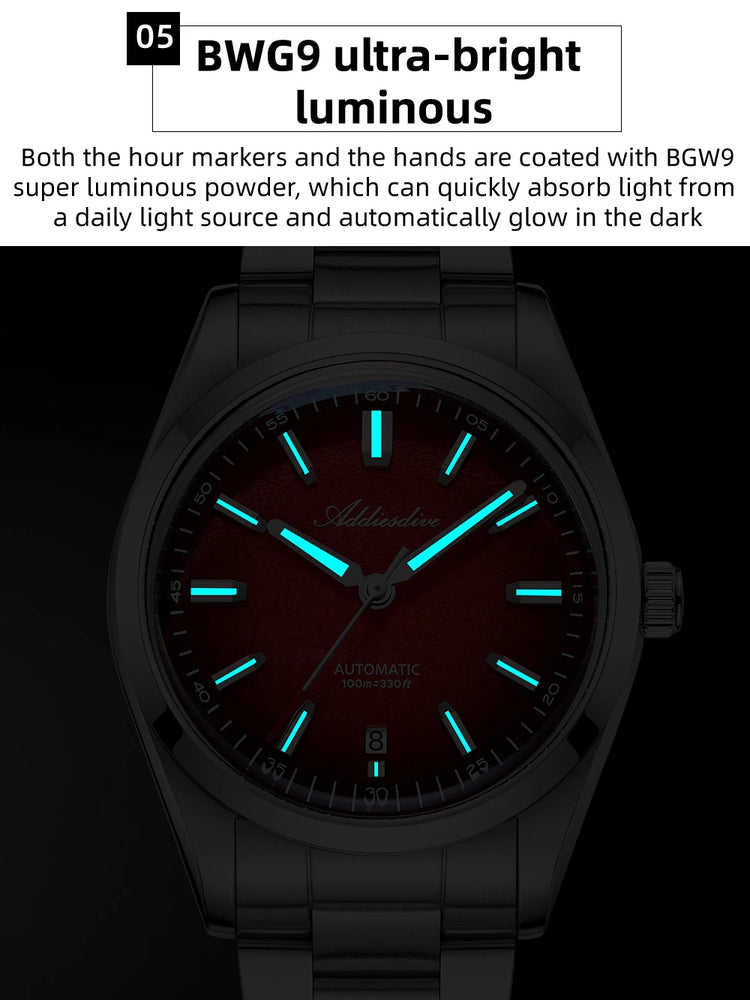 ADDIESDIVE New Men's Watches Mechanical 39mm Bubble Glass Stainless Steel Luminous Luxury Watch 100m Waterproof Automatic Watch