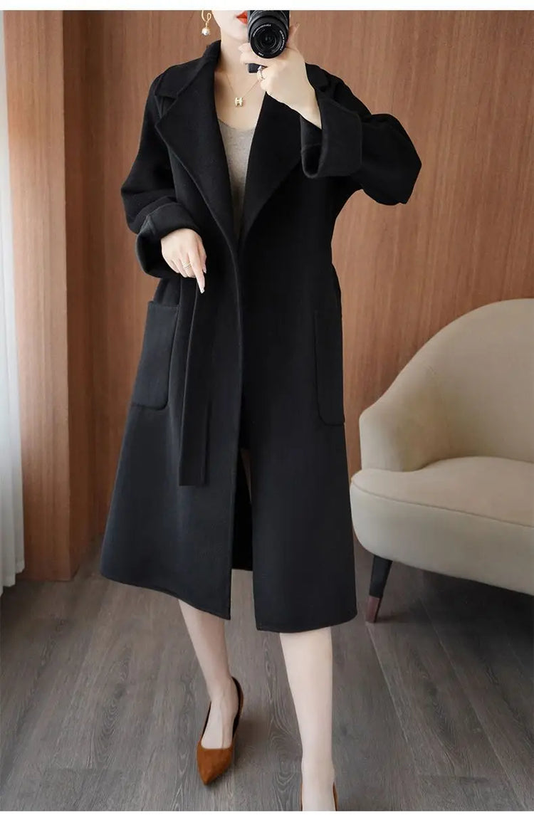 100% Wool Coat Women's Wear 2026 Autumn/Winter Fashion Temperament Double sided Cashmere Coats with Belt Elegant Long Overcoat