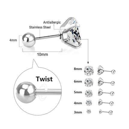 LUXUSTEEL 1Pairs/2Pcs Stainless Steel Crystal Studs Earrings For Women Men 4 Prong Tragus Round Clear Cubic Zirconia Ear Jewelry PlatiNum