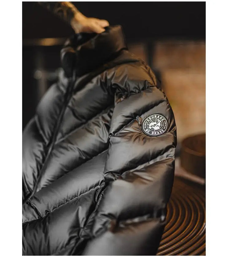 Maden Men's 90% White Duck Down Jacket Black Stand Collar Short Quilted Puffer Jacket Thermal Coat for Winter Streetwear