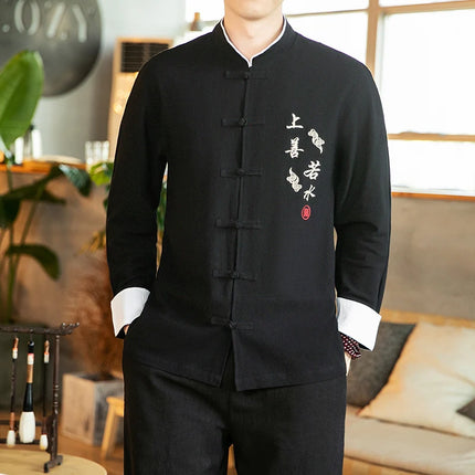 Camicie a maniche lunghe da uomo Ricamo tradizionale in cotone e lino Casual Tang Suit Cardigan da uomo Camicette Kung Fu retrò stile cinese da uomo