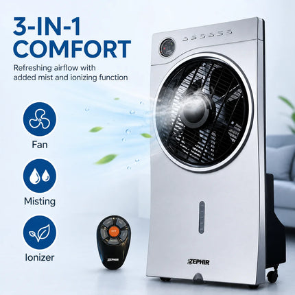 Ventilatore Evaporativo ZEPHIR 90W con Nebulizzatore, Serbatoio da 2,5L, 3 Velocità, Telecomando, Raffrescatore d'Aria