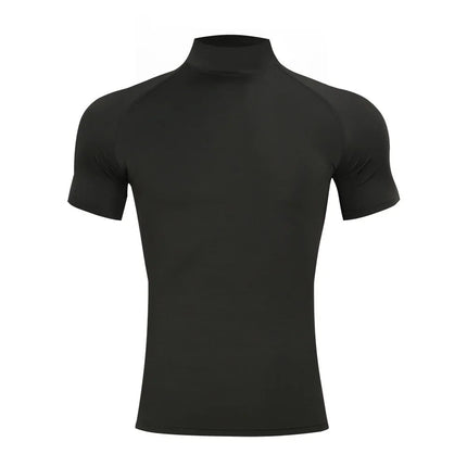 Mens Bodybuilding Sports Tight T-shirt Summer Compression Turtleneck Short Sleeve Gym Fitness Running Quick Dry Male Workout Top PlatiNum
