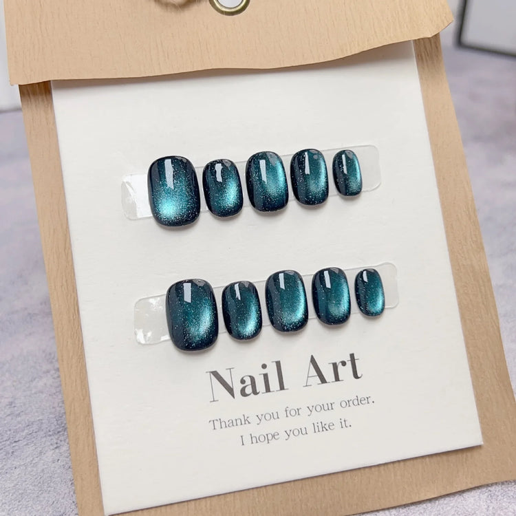 10Pcs Short Handmade Light Green Press On Nails Cat Eyes Pure Ballerina Decoration Wearable False Nails Full Cover Nail Tips Art