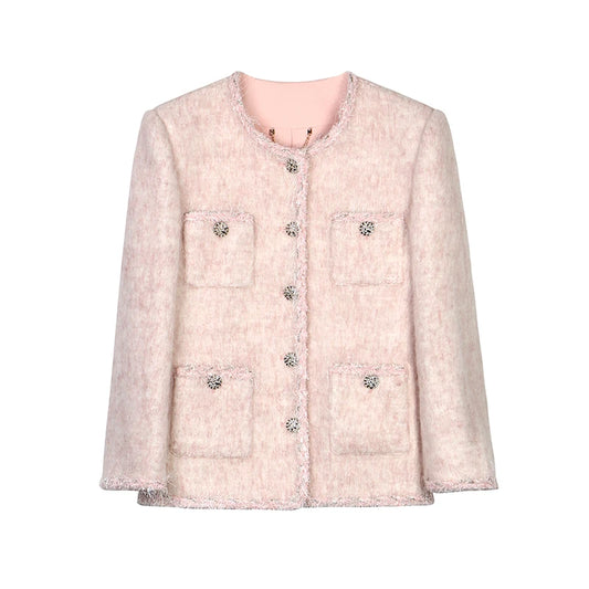 2025 New Fashion Elegant and Comfortable Tweed Wool Jacket Pink Temperament Lady Top