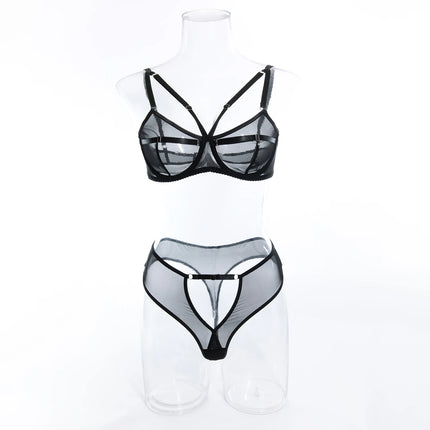 Sexy Black Mesh Lingerie Two Piece Sets Ultrathin See-through Hollow Out Bras And Panties Underwear Suit Erotic Intimate Suits