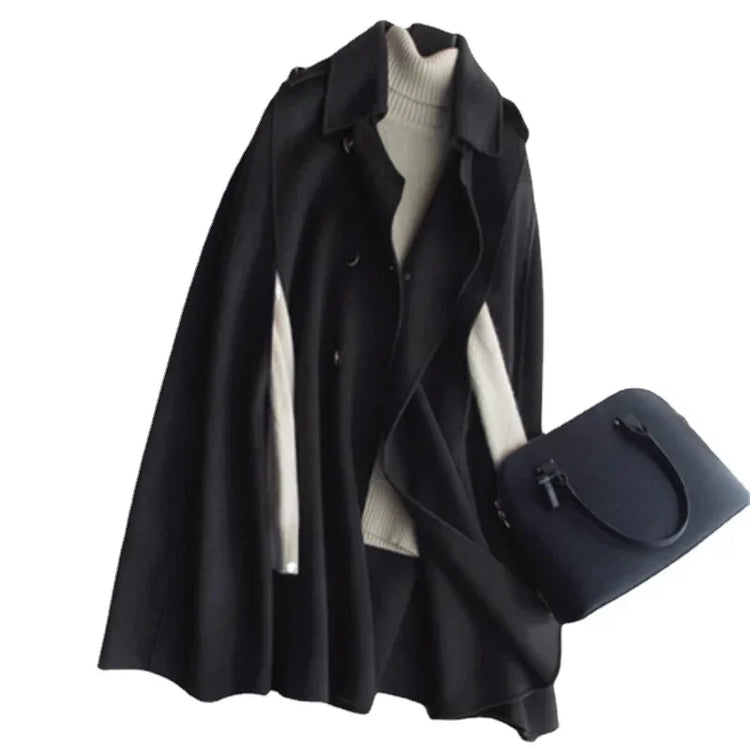 Women's Capes & Ponchos overcoat autumn medium length bat Hepburn style double sided 100% wool coat woolen shawl cappa size S M