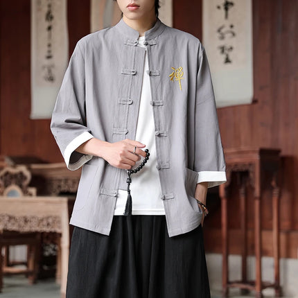 Camicie in cotone e lino Stile cinese retrò Tai Chi Kung Fu Camicie tradizionali Ricamo Camicia da uomo comoda e traspirante vestibilità ampia