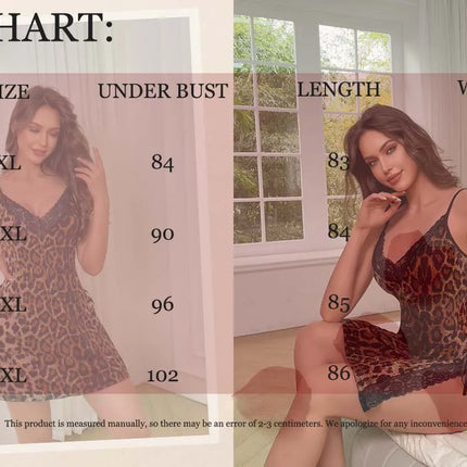 Camicie da notte sexy da donna taglie forti XL - 4XL con spalline sottili, body con stampa leopardata in pizzo - abbracciante, scollo a V profondo, sexy