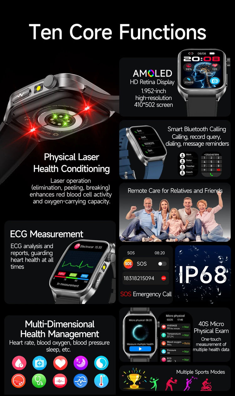 2026 Nuovo 650nm Terapia Laser Grassi nel sangue Acido urico Pressione sanguigna Smart Watch ECG + PPG Preciso Monitor di salute Smartwatch per gli uomini platinumshop