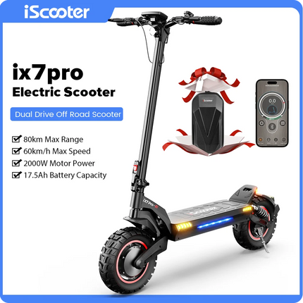 Monopattino elettrico iScooter iX7Pro a doppia trazione per fuoristrada, velocità massima 60 km/h, pneumatici da 10 pollici, 2000W, 17.5Ah, 48V, pieghevole, con app.