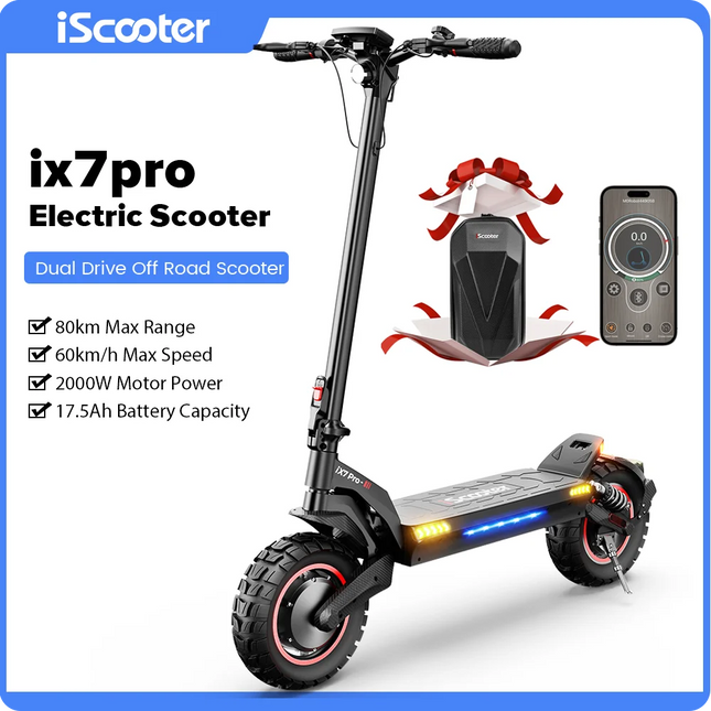 Monopattino elettrico iScooter iX7Pro a doppia trazione per fuoristrada, velocità massima 60 km/h, pneumatici da 10 pollici, 2000W, 17.5Ah, 48V, pieghevole, con app.