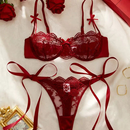 Lady Floral Embroidery Lingerie Set Women Sheer Bra and Brief Underwear Set Satin Sexy Intimates Underwear