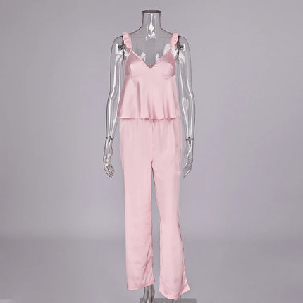 HiLoc Elegante Completo Pigiama in Raso Rosa, Set Primaverile da Casa con Canotta a Spalline Sottili e Pantaloni a Vita Alta, 2 Pezzi, Collezione 2026